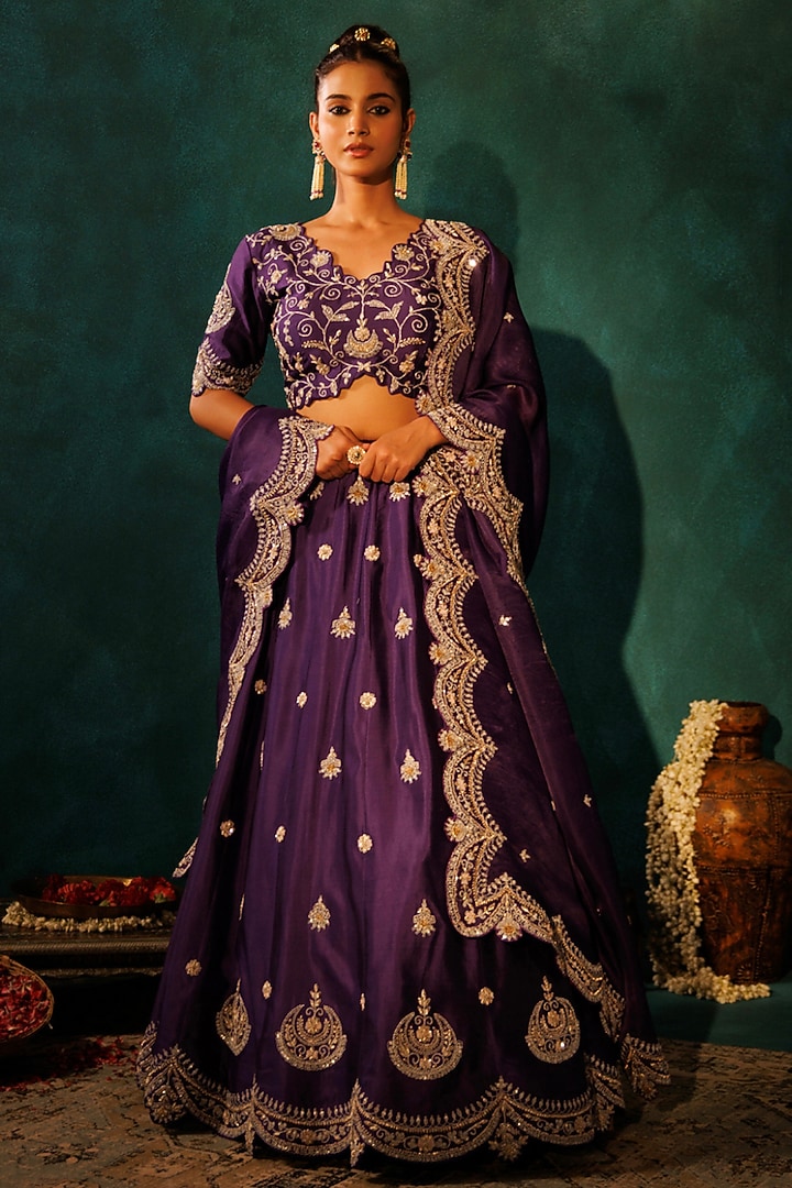 Purple Pure Silk Zardosi Embroidered Bridal Lehenga Set by Vinita Bhansali at Pernia's Pop Up Shop