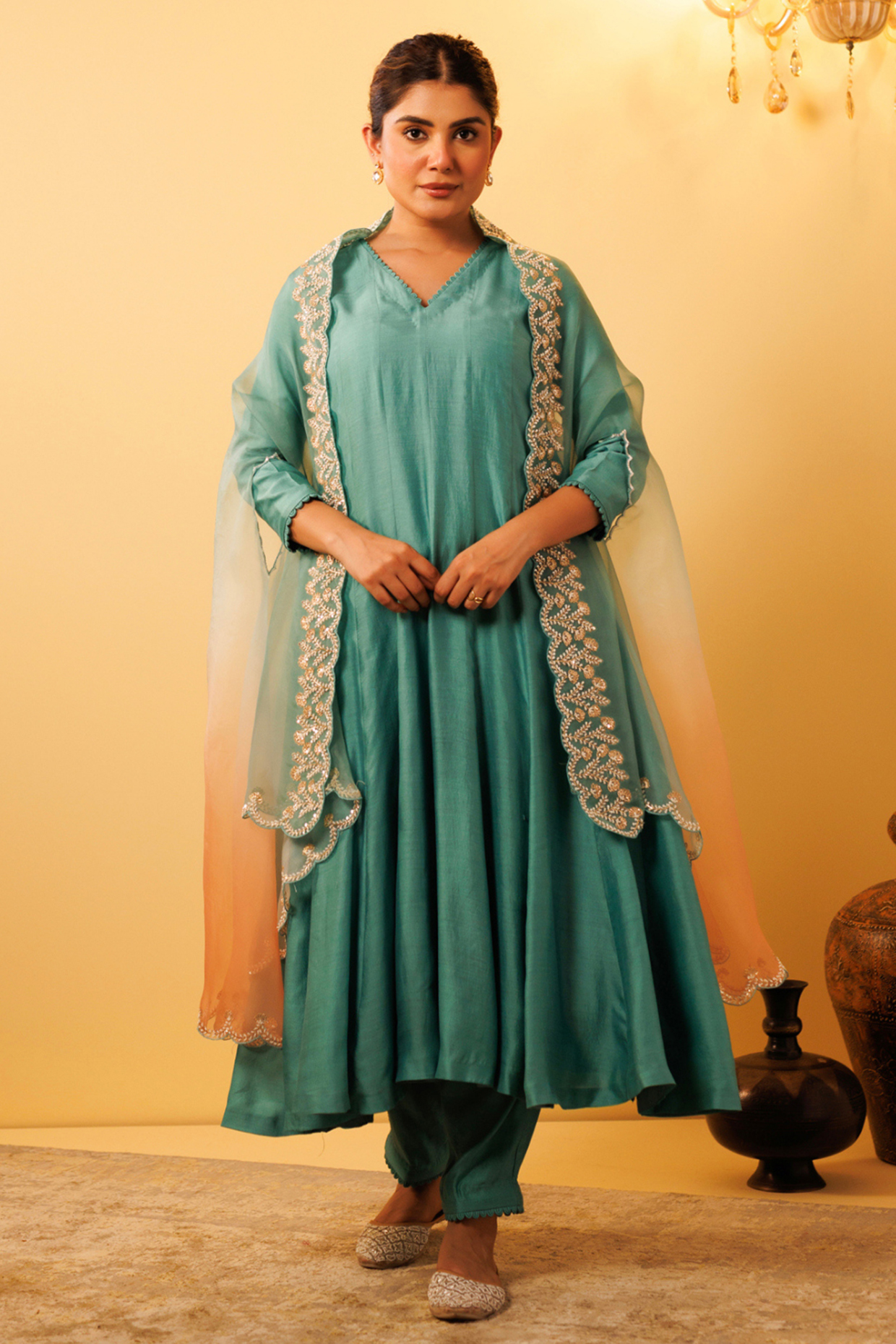 Green Pure Silk Hand Embroidered Wedding Anarkali Set by Vinita Bhansali at Pernia's Pop Up Shop