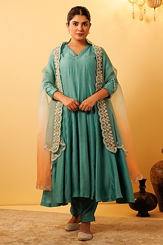 Green Pure Silk Hand Embroidered Anarkali Set by Vinita Bhansali