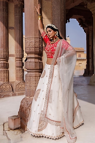 White Pure Satin Silk Gota-Patti Embroidered Lehenga Set by Vinita Bhansali