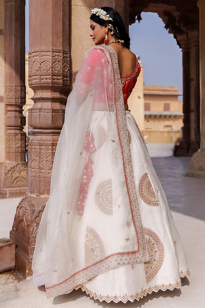 White Pure Satin Silk Gota-Patti Embroidered Bridal Lehenga Set by Vinita Bhansali at Pernia's Pop Up Shop