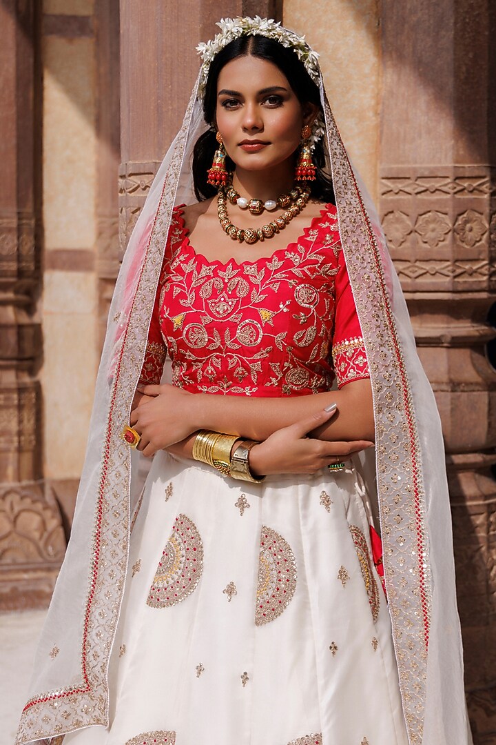 White Pure Satin Silk Gota-Patti Embroidered Bridal Lehenga Set by Vinita Bhansali at Pernia's Pop Up Shop