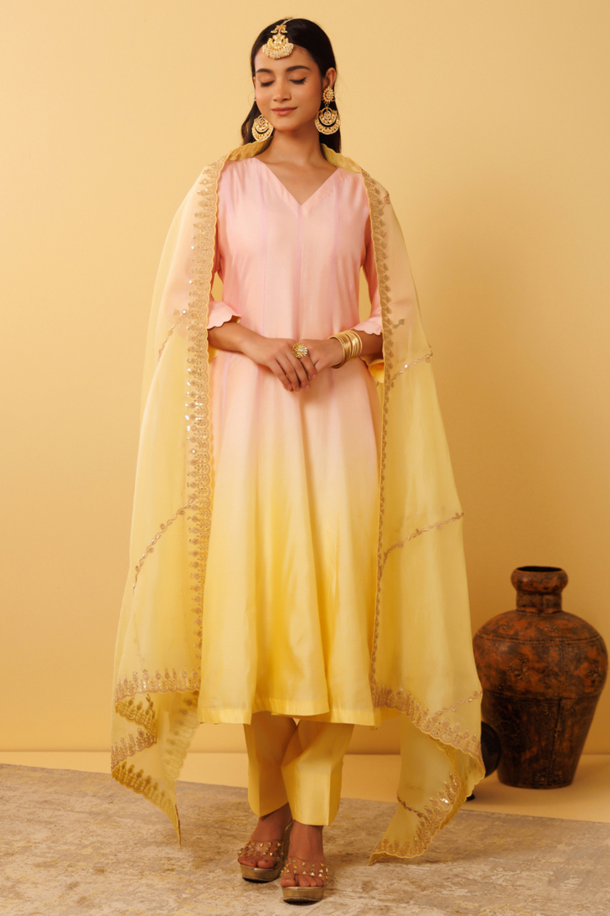 Yellow & Pink Pure Silk Dori Embroidered Anarkali Set by Vinita Bhansali at Pernia's Pop Up Shop