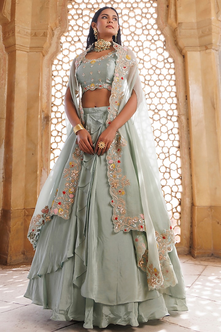 Green Pure Crepe Zardosi Embroidered Cape Wedding Lehenga Set by Vinita Bhansali at Pernia's Pop Up Shop