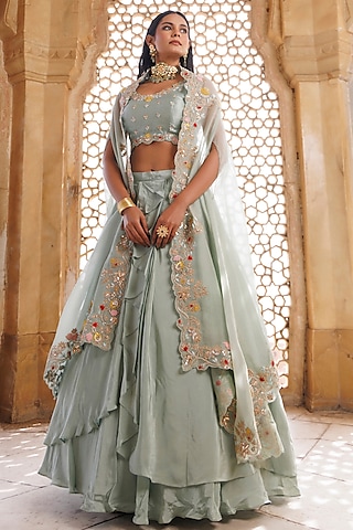 Green Pure Crepe Zardosi Embroidered Cape Lehenga Set by Vinita Bhansali
