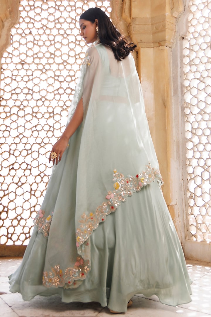 Green Pure Crepe Zardosi Embroidered Cape Wedding Lehenga Set by Vinita Bhansali at Pernia's Pop Up Shop