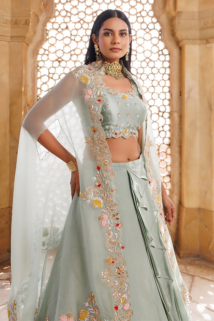 Green Pure Crepe Zardosi Embroidered Cape Wedding Lehenga Set by Vinita Bhansali at Pernia's Pop Up Shop
