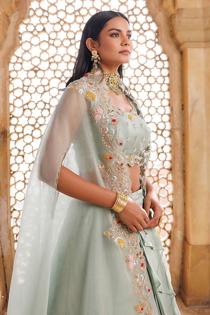 Green Pure Crepe Zardosi Embroidered Cape Wedding Lehenga Set by Vinita Bhansali at Pernia's Pop Up Shop