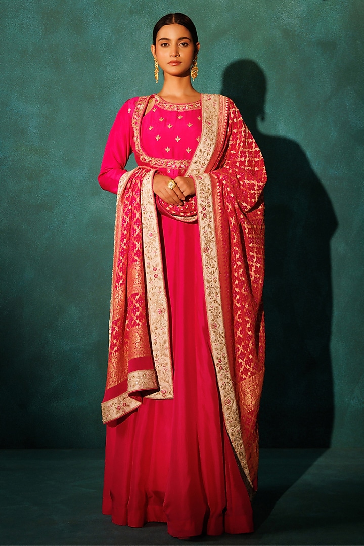 Pink Pure Silk Marodi & Sequins Embroidered Gown With Dupatta by Vinita Bhansali at Pernia's Pop Up Shop