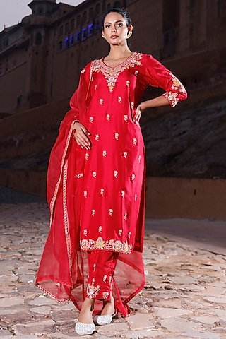 Red Pure Silk Marodi Embroidered Kurta Set by Vinita Bhansali