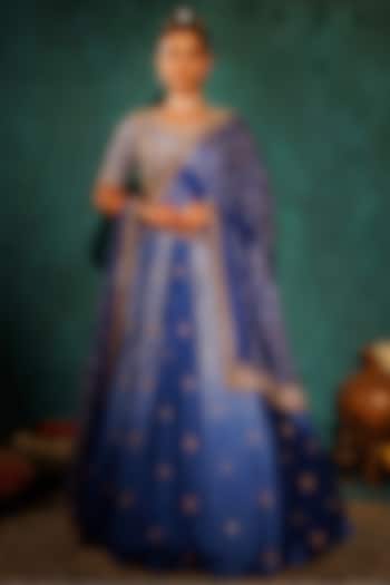Blue Pure Silk Floral Hand Embroidered Wedding Lehenga Set by Vinita Bhansali at Pernia's Pop Up Shop