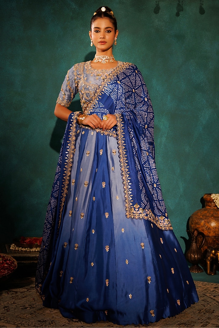 Blue Pure Silk Floral Hand Embroidered Wedding Lehenga Set by Vinita Bhansali at Pernia's Pop Up Shop