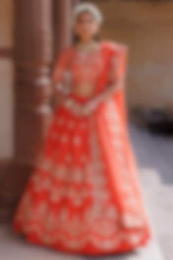 Orange Pure Silk Thread Embroidered Bridal Lehenga Set by Vinita Bhansali at Pernia's Pop Up Shop