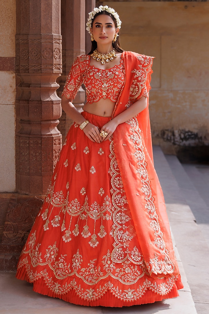 Orange Pure Silk Thread Embroidered Bridal Lehenga Set by Vinita Bhansali at Pernia's Pop Up Shop