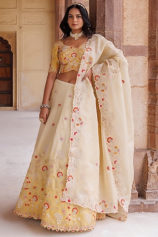 Yellow Pure Silk Gota-Patti Embroidered Lehenga Set by Vinita Bhansali