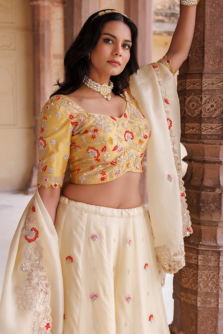 Yellow Pure Silk Gota-Patti Embroidered Bridal Lehenga Set by Vinita Bhansali at Pernia's Pop Up Shop
