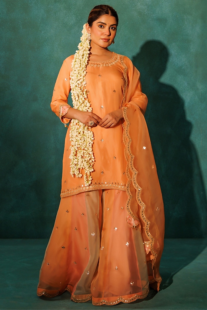 Orange Pure Satin Silk Marodi Embroidered Gharara Set by Vinita Bhansali at Pernia's Pop Up Shop