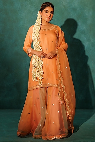 Orange Pure Satin Silk Marodi Embroidered Gharara Set by Vinita Bhansali