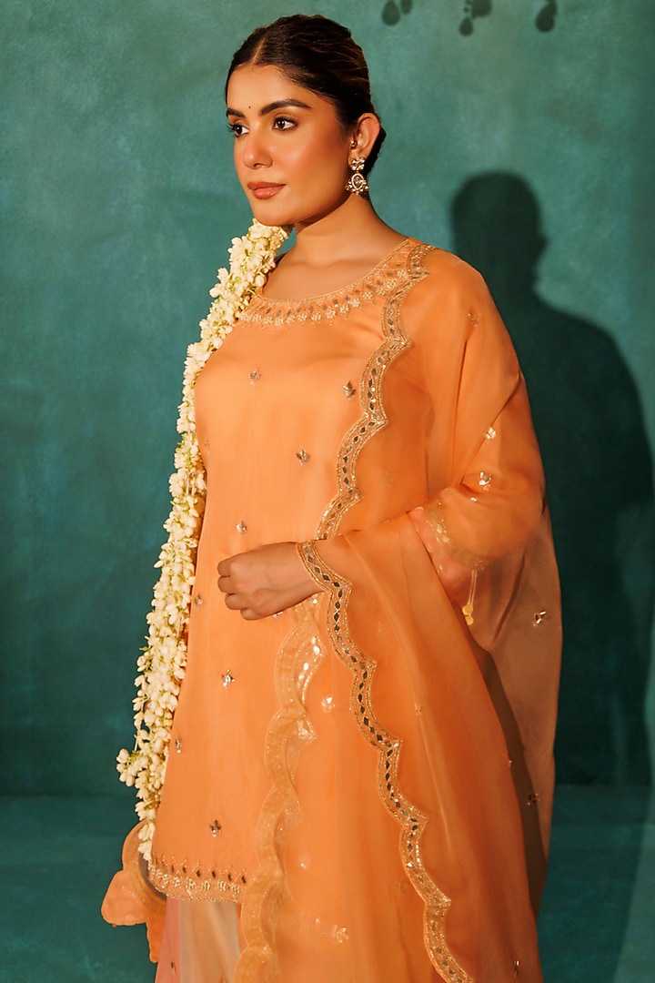 Orange Pure Satin Silk Marodi Embroidered Gharara Set by Vinita Bhansali at Pernia's Pop Up Shop