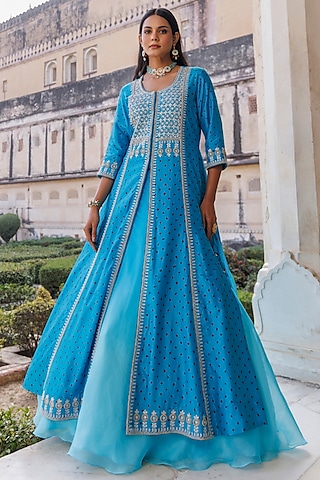 Blue Pure Bandhani Silk Sequins Embroidered Gown With Dupatta by Vinita Bhansali