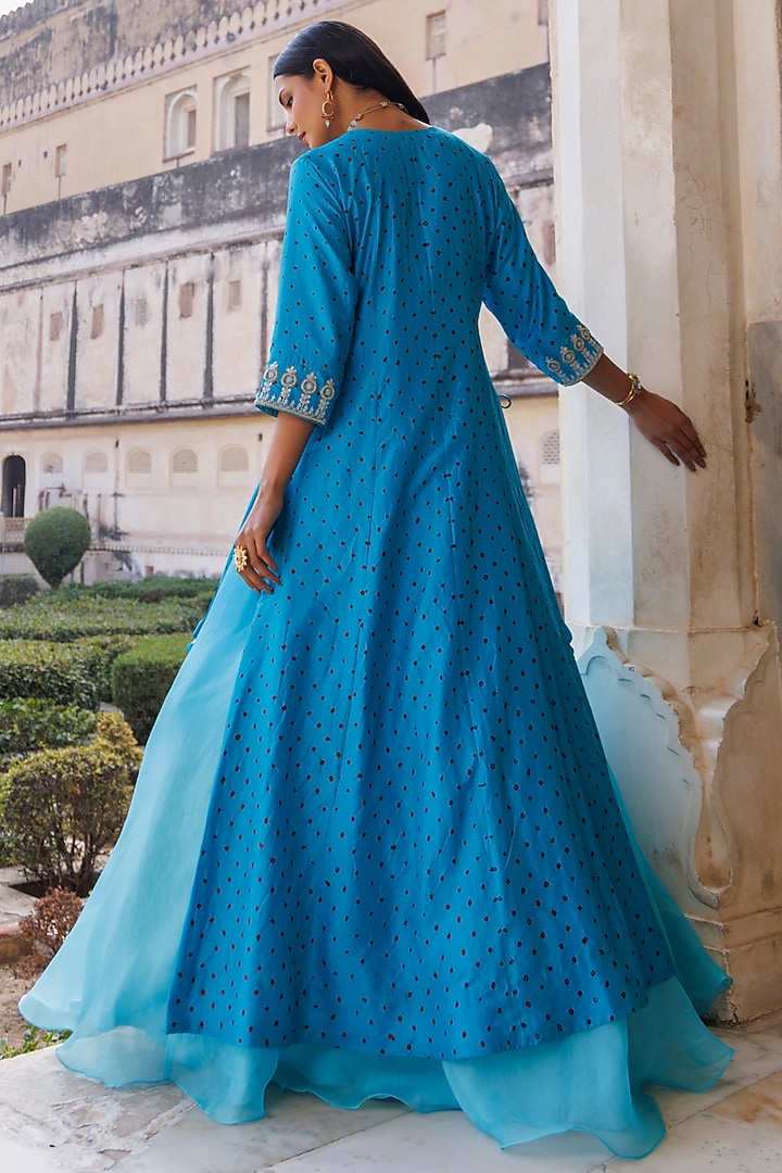 Blue Pure Bandhani Silk Sequins Embroidered Gown With Dupatta by Vinita Bhansali at Pernia's Pop Up Shop