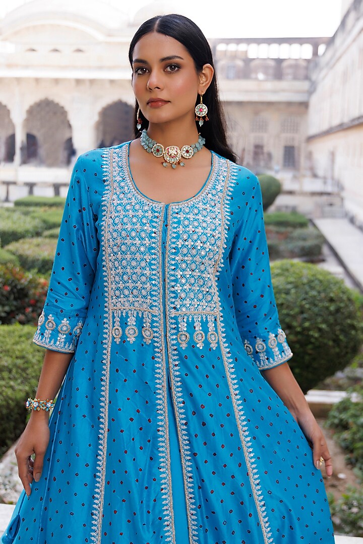 Blue Pure Bandhani Silk Sequins Embroidered Gown With Dupatta by Vinita Bhansali at Pernia's Pop Up Shop