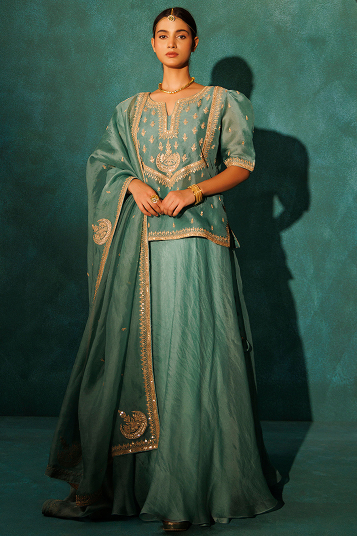 Green Pure Silk Organza Marodi Embroidered Rajpuri Wedding Lehenga Set by Vinita Bhansali at Pernia's Pop Up Shop