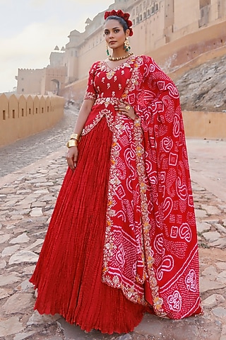 Red Pure Silk Lehenga Set by Vinita Bhansali