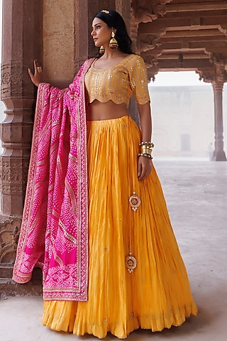 Yellow Pure Silk Embroidered Lehenga Set by Vinita Bhansali