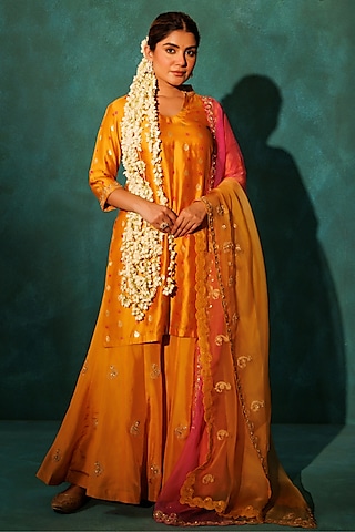 Orange Pure Banarasi Bandhani Silk Embroidered Gharara Set by Vinita Bhansali