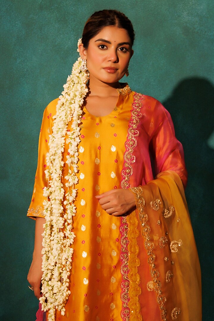 Orange Pure Banarasi Bandhani Silk Embroidered Gharara Set by Vinita Bhansali at Pernia's Pop Up Shop