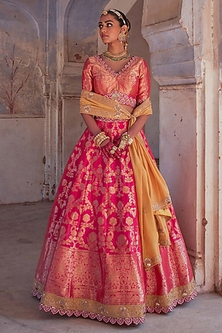 Pink Pure Banarasi Silk Embroidered Lehenga Set by Vinita Bhansali