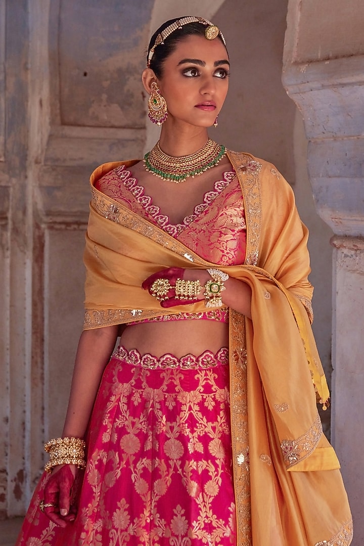 Pink Pure Banarasi Silk Embroidered Wedding Lehenga Set by Vinita Bhansali at Pernia's Pop Up Shop