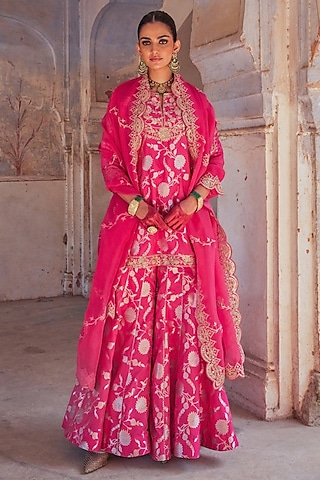 Pink Pure Banarasi Silk Embroidered Gharara Set by Vinita Bhansali