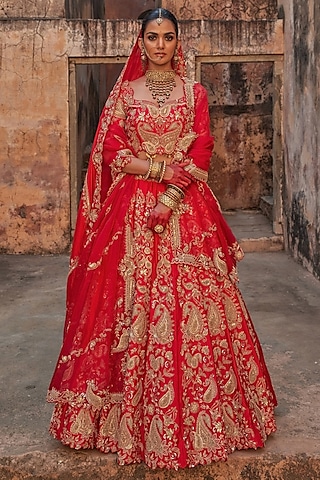 Red Pure Silk Embroidered Lehenga Set by Vinita Bhansali