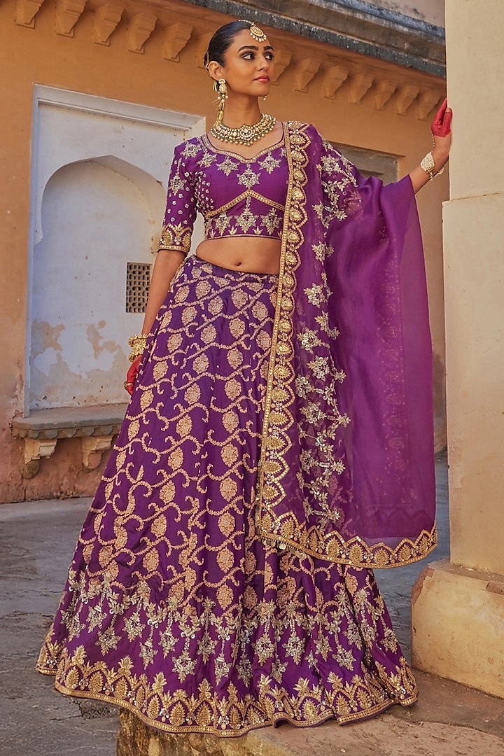 Purple Pure Silk Embroidered Bridal Lehenga Set by Vinita Bhansali at Pernia's Pop Up Shop