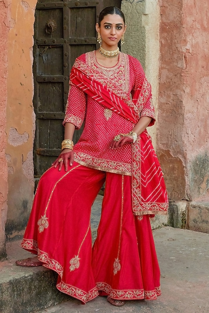 Red Pure Silk Hand Embroidered Bandhani Gharara Set by Vinita Bhansali at Pernia's Pop Up Shop