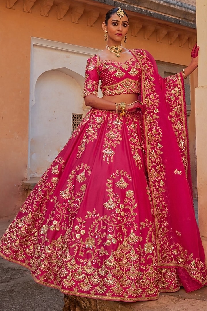 Hot Pink Pure Silk Sequin Hand Embroidered Bridal Lehenga Set by Vinita Bhansali at Pernia's Pop Up Shop