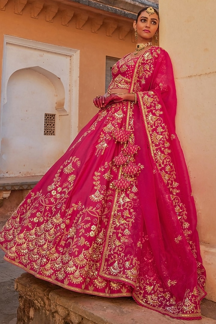 Hot Pink Pure Silk Sequin Hand Embroidered Bridal Lehenga Set by Vinita Bhansali at Pernia's Pop Up Shop