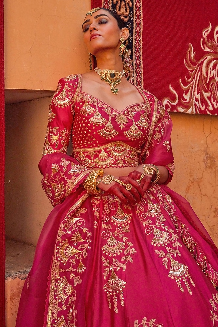 Hot Pink Pure Silk Sequin Hand Embroidered Bridal Lehenga Set by Vinita Bhansali at Pernia's Pop Up Shop