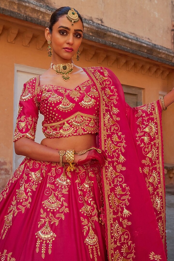 Hot Pink Pure Silk Sequin Hand Embroidered Bridal Lehenga Set by Vinita Bhansali at Pernia's Pop Up Shop