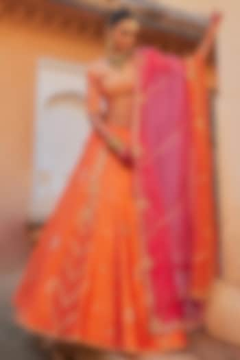 Orange Pure Silk Zardosi Hand Embroidered Banarasi Wedding Lehenga Set by Vinita Bhansali at Pernia's Pop Up Shop