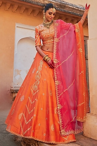 Orange Pure Silk Zardosi Hand Embroidered Banarasi Lehenga Set by Vinita Bhansali