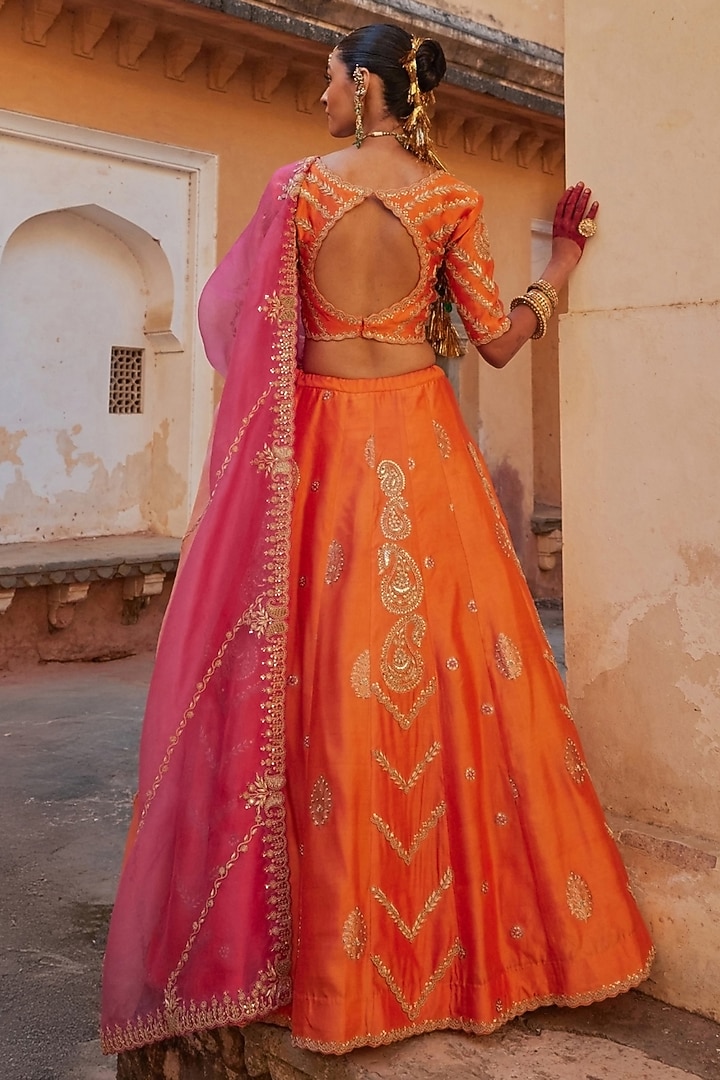 Orange Pure Silk Zardosi Hand Embroidered Banarasi Bridal Lehenga Set by Vinita Bhansali at Pernia's Pop Up Shop