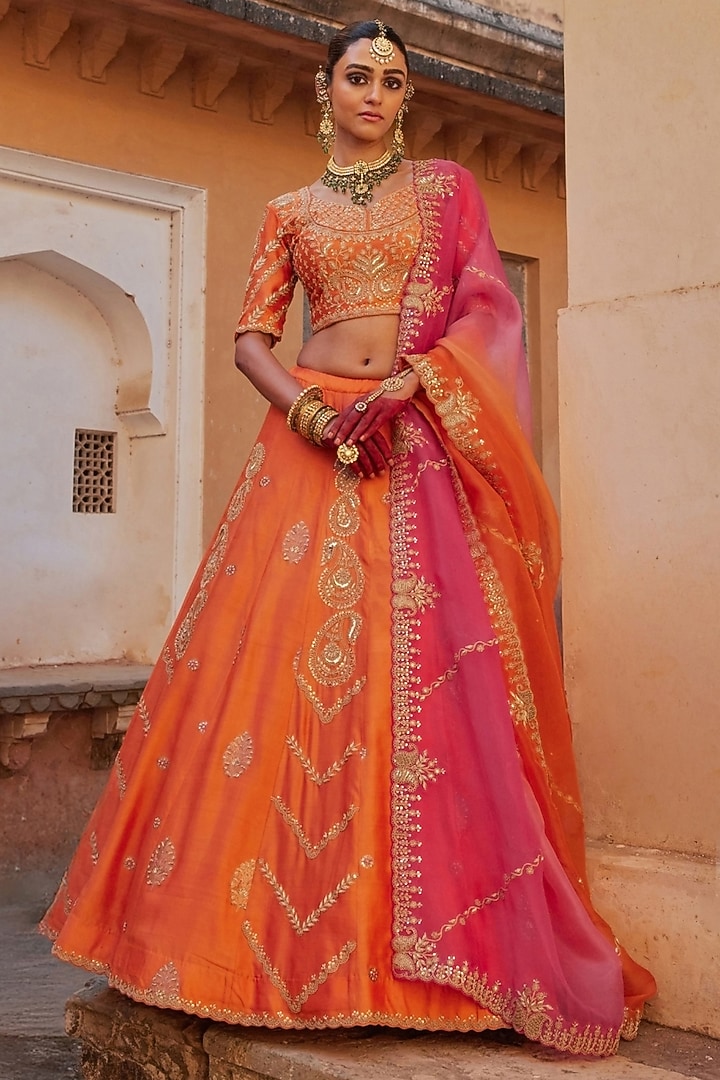 Orange Pure Silk Zardosi Hand Embroidered Banarasi Bridal Lehenga Set by Vinita Bhansali at Pernia's Pop Up Shop