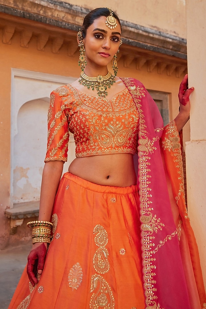 Orange Pure Silk Zardosi Hand Embroidered Banarasi Bridal Lehenga Set by Vinita Bhansali at Pernia's Pop Up Shop