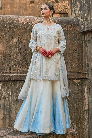 Silver Pure Silk Mirror Hand Embroidered Lehenga Set by Vinita Bhansali