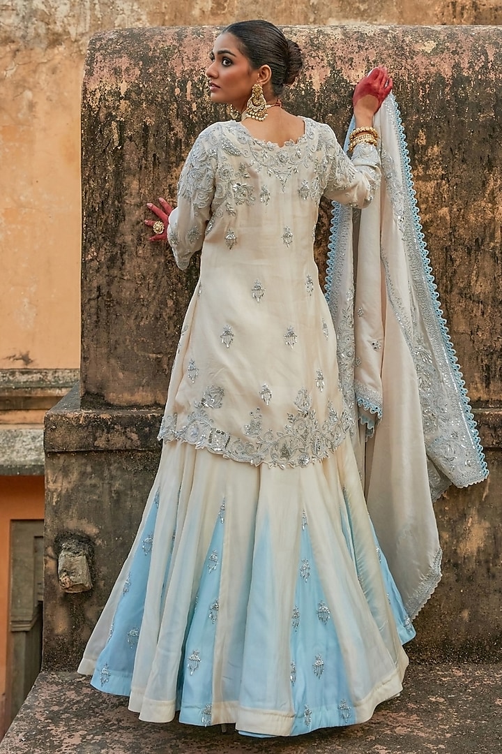 Silver Pure Silk Mirror Hand Embroidered Bridal Lehenga Set by Vinita Bhansali at Pernia's Pop Up Shop