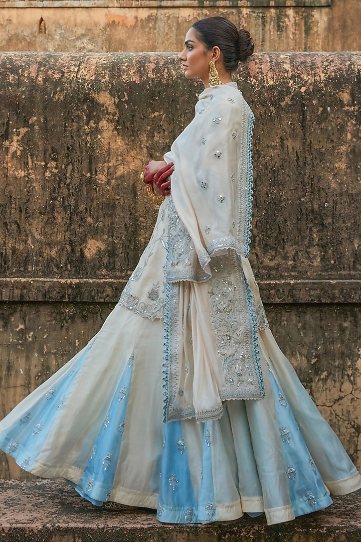Silver Pure Silk Mirror Hand Embroidered Bridal Lehenga Set by Vinita Bhansali at Pernia's Pop Up Shop