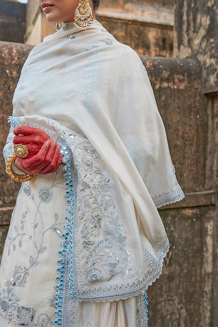 Silver Pure Silk Mirror Hand Embroidered Bridal Lehenga Set by Vinita Bhansali at Pernia's Pop Up Shop